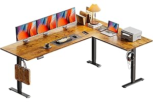 Casaottima 71 Inch Reversible Electric L Shaped Standing Desk, Height Adjustable Corner Stand up Desk, Ergonomic Large Lift Table for Home, Office, Workstation, Reception Room, Rustic Brown