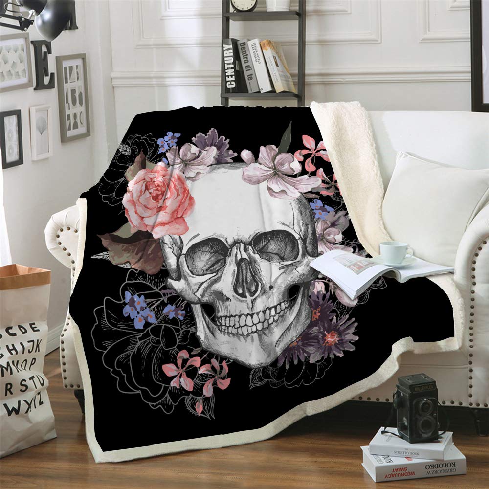 DJY Christmas Skull Fleece Blanket - Soft Cozy Thick Warm Throw for Couch Bed - Skull Floral Pattern Black White - 150x200cm