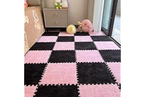 BXEBUI 12pcs Carpet Squares Puzzle Floor Mat, Plush Interlocking Carpet Tiles, Anti Slip EVA Foam Jigsaw Floor Tiles, Build A Safe Area for Bedroom Playroom (Pink+Black)