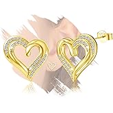 Heart Stud Earrings for Women - Sterling Silver Double Love Heart-Shaped Earrings for Lady Hypoallergenic Silver/Gold Sparkle Cubic Zirconia Post Earring Classic Jewelry Gifts for Her Wife Mother