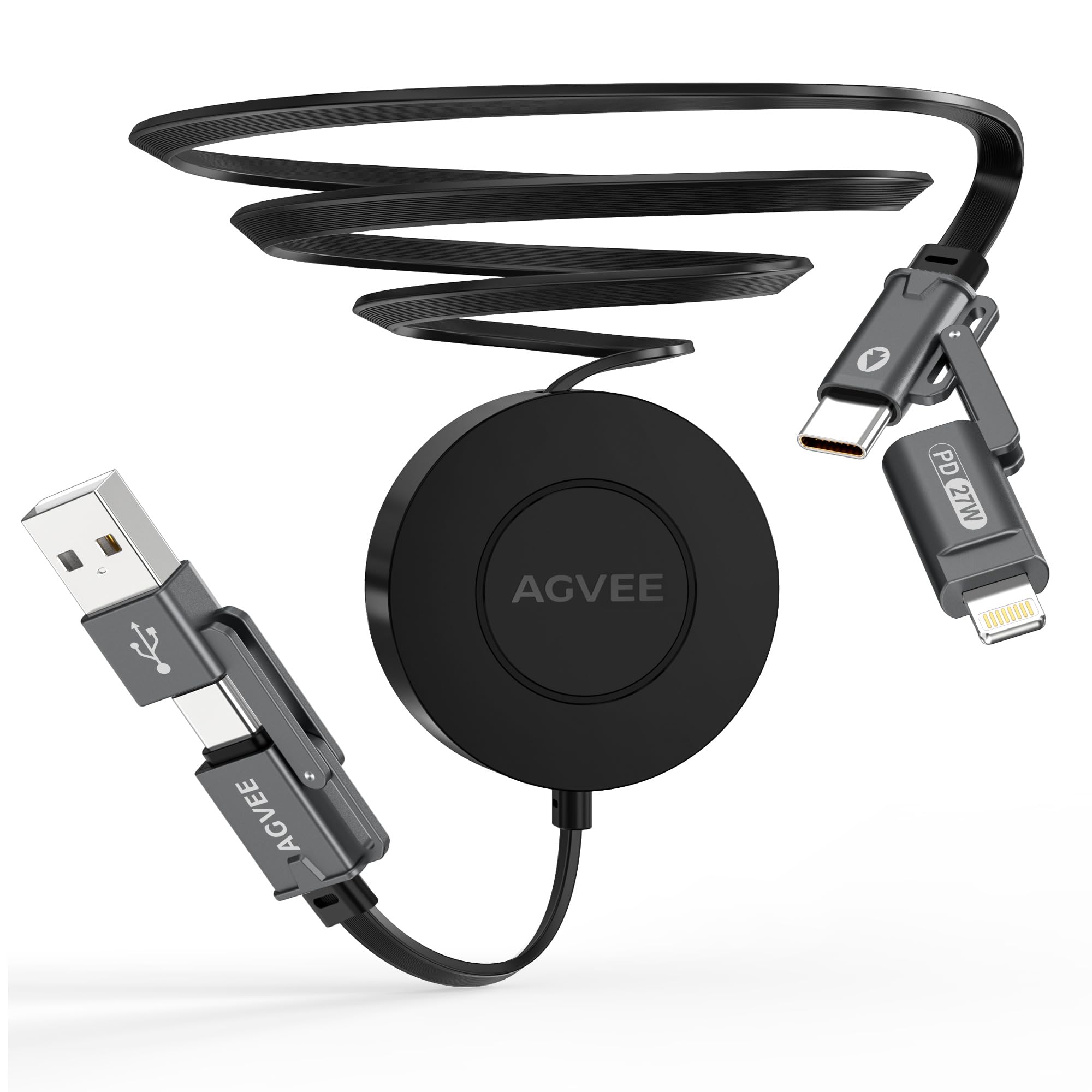 Photo 1 of AGVEE 1ft Fixed / 2.3ft Extend 4 in 1 Multi USB Charger Cable Mountable One Way Retractable 60W Fast Charging Cord, Pocket-Sized for iPhone 16 15 14 13 12 11, Samsung, Android, Desk Organizer, Black