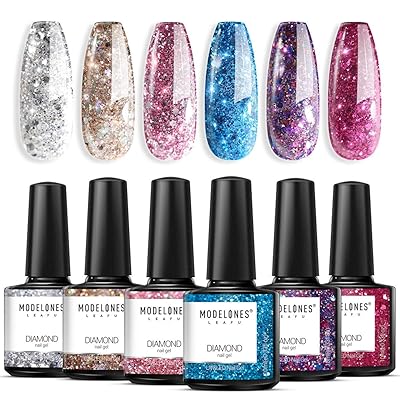 Modelones Glitter Gel Nail Polish Set - 6PCS 0.33 OZ UV LED Soak Off Gel Nail Polishes Collection of Red Pink Purple Blue Gold Silver Colors in Gift Package