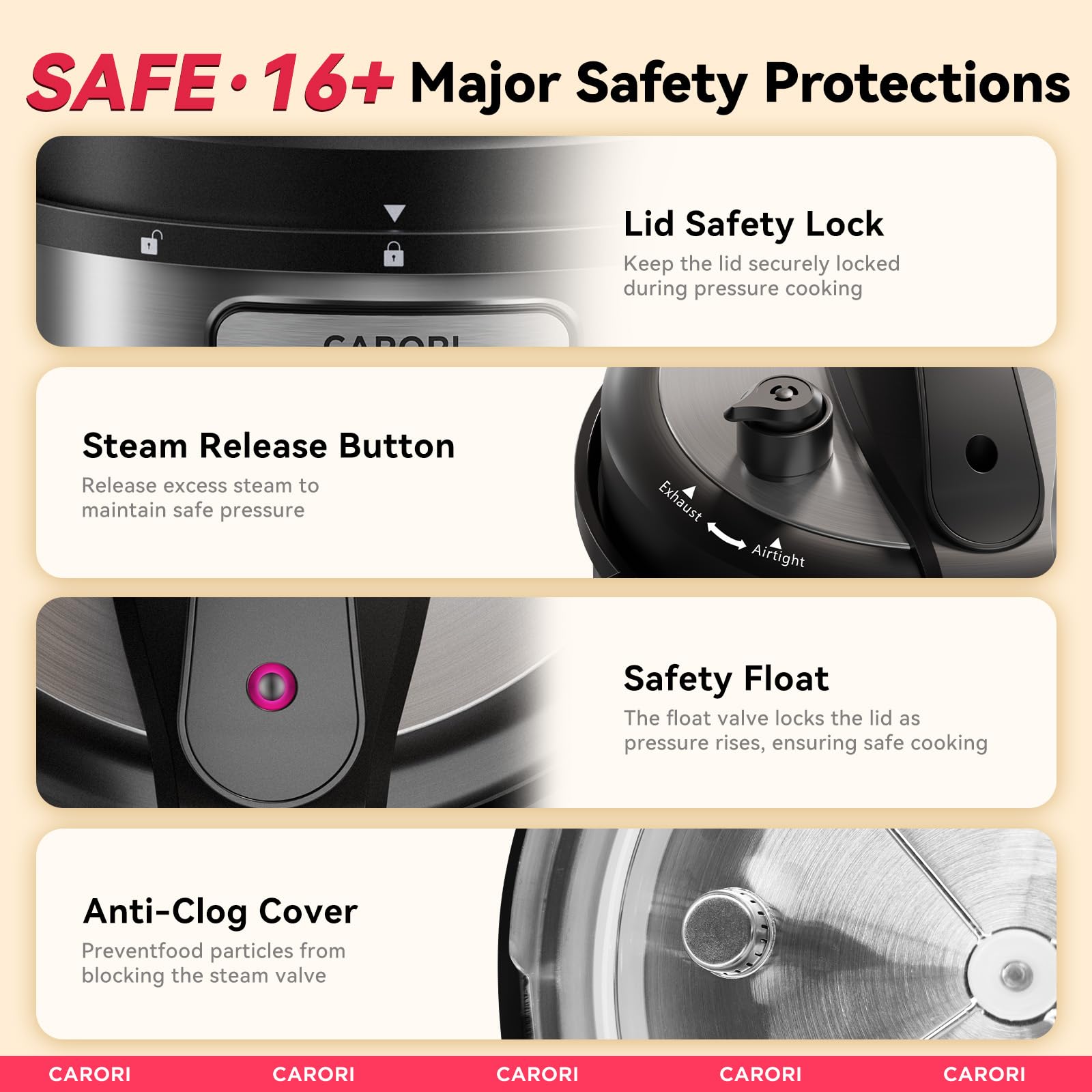 CARORI Olla a presión eléctrica 12 en 1 de 1200 W, 8 cuartos, olla a presión de acero inoxidable, olla arrocera de cocción lenta, salteado al vapor, yogurtera, calentador y esterilizador con receta, diseño de ventilación más seguro, plateado