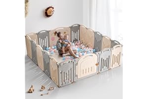 UANLAUO Baby Fence, Foldable Playpen, 18 Panel Extra Large Playpen for Babies Toddlers Infant, Safety Material Portable Play Yards with Gate, NO Gaps Play Area Indoor Outdoor Use, Grey+Cream