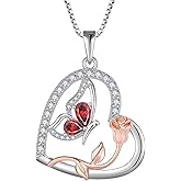 Rocayi Love Heart Butterfly Necklace for Women 925 Sterling Silver Birthstone Pendant Rose Flower Dainty Jewelry Gifts for Women Wife Girlfriend Mother Daughter Her