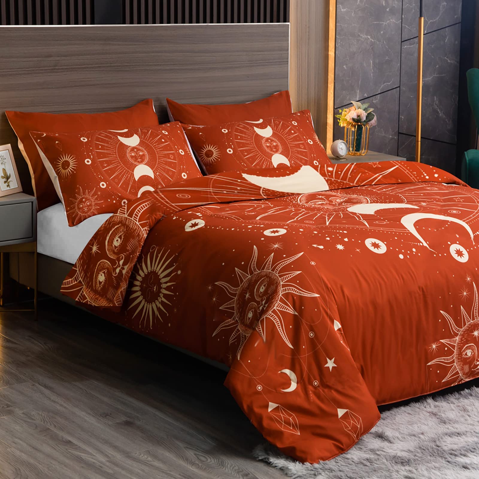 HOMHOMHA Double bedding set - Sun & Moon Duvet Cover set - 3PC Burnt Orange Bed cover 200x200 cm+2* Pillowcase 50x75 cm Microfiber (Adult/Teen)(MOON, Double)