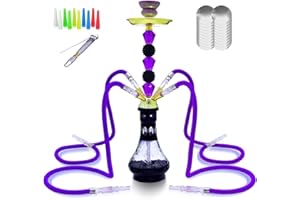 IMPACHETA Hookah Set With Everything 4 Hose 22" Premium Hookah Shisha set with Glass Vase, Ceramic Bowl and Coal Tongs Ashtray 100 Disposable Tips 50 Pre-Punched Aluminum Foil (1Purple)