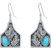 BETHZA Turquoise Cow Tag Earring 925 Sterling Silver Real Oval Turquoise Cactus Cattle Tag Earrings Western Jewelry for Women Cowgirl