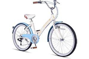 vollsch 24 Inch Hybrid 6-Speed Beach Cruiser Bike for Girls Ages Over 8 Years Old Kids Bicycle with Dual V-Brakes Adjustable Seat Blue Fenders