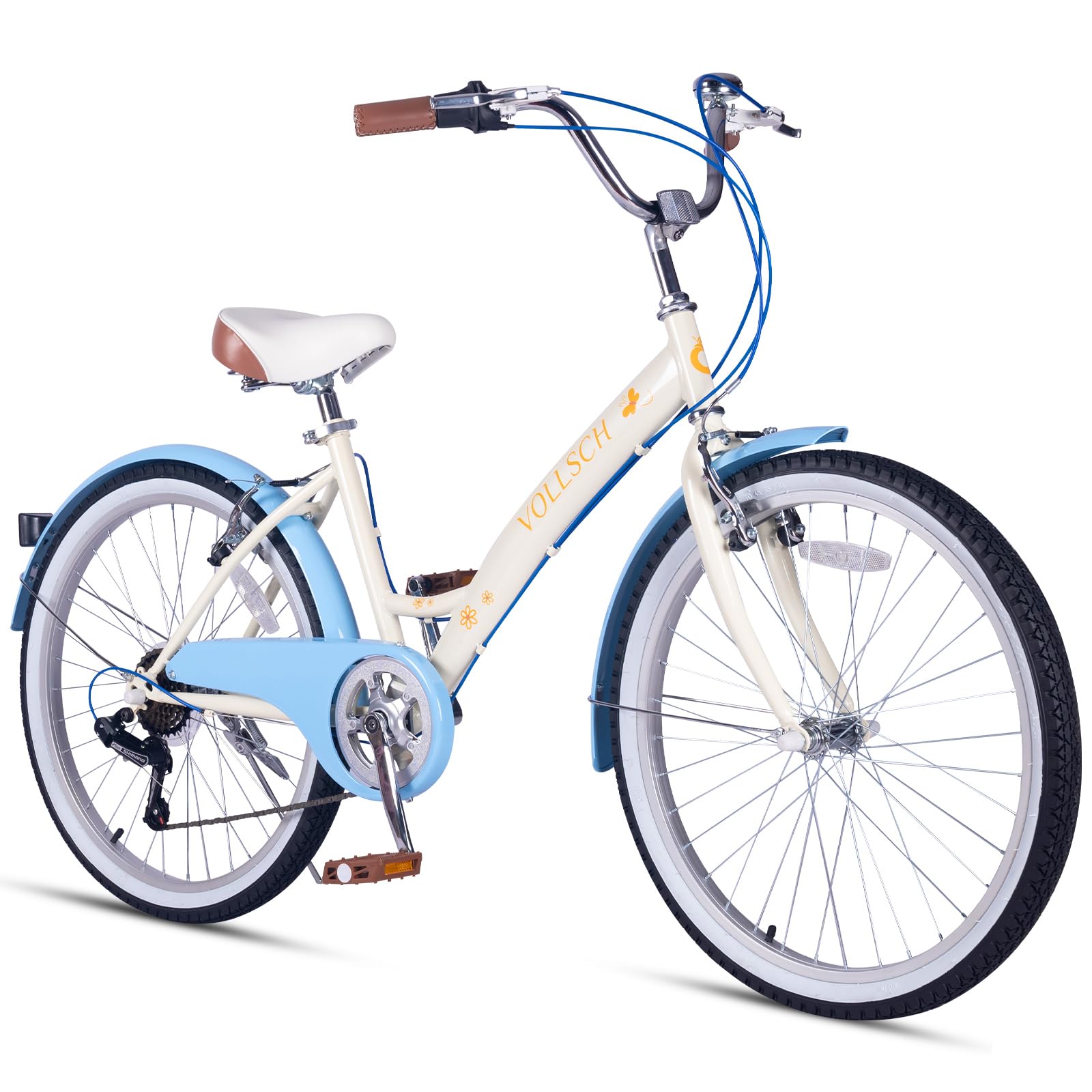 Photo 1 of vollsch 24 Inch Hybrid 6-Speed Beach Cruiser Bike for Girls Ages Over 8 Years Old Kids Bicycle with Dual V-Brakes Adjustable Seat Blue Fenders
