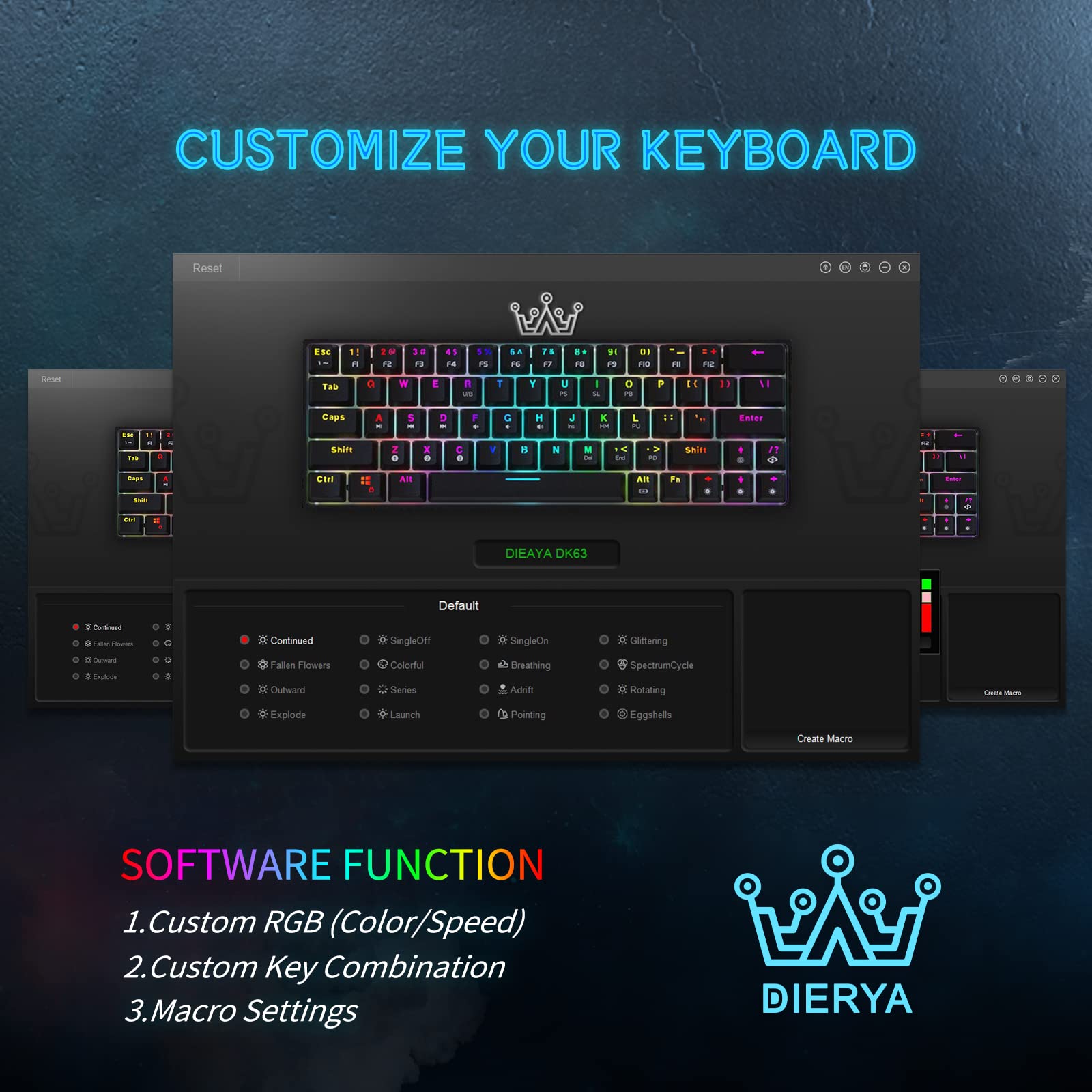 DIERYA DK63N 60% Wireless Wired Mechanical Gaming Keyboard, RGB Backlit Bluetooth Keyboard w/Arrow Keys, 63 Keys Ultra-Compact Keyboard Full Keys Programmable w/Blue Switch for Windows Laptop PC Mac