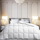 Martha Stewart White Goose Feather Down Fiber Comforter Queen Size- All Season Duvet Insert, Noiseless Fabric with 51oz Filled Luxury Cloud Fluffy Bed Comforter with 8 Corner Loops, White 90x90inch
