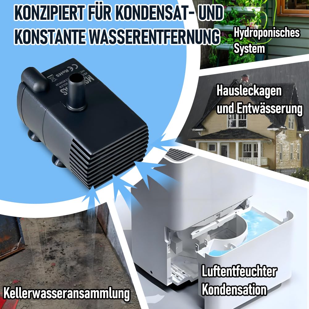 Automatische kleine Tauchpumpe mit Wassersensor, 2,5m 280L/h Mini-Kondensatpumpe, Wasserablauf für Entfeuchter, Klimaanlage, Eismaschine, Keller, Bautrockner, automatisches Ein Aus 2