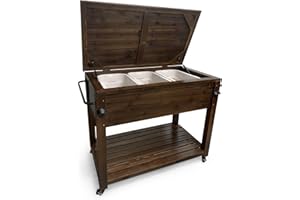MEGA CASA Wooden Patio Cooler with Wheels, Handles and Bottle Opener, Ice Chest with Shelf, Portable Beverage Drink Rolling Cart for Outdoor, Backyard, Garden, Deck, 100-Quart