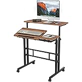 VECELO Mobile Small Standing Desk Adjustable Height, Computer Workstations with Tiltable Tabletop, Lockable Wheels, Portable Rolling Laptop Desk for Home Office, Brown