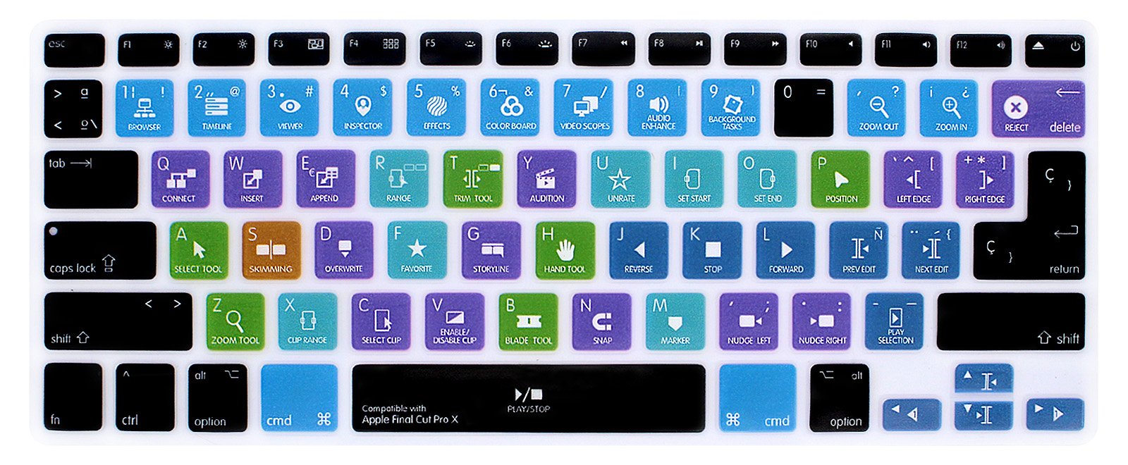 MMDW Spanish FCPX Final Cut Pro X Shortcuts Skin Hot Keys Keyboard Cover for MacBook Pro 13" 15" 17"(with or w/out Retina Display) Silicone Skin for MacBook Old Air 13", European/USA Keyboard Layout