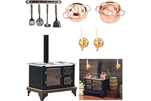 HIAWBON 1/12 Miniature Furniture Cooking Stove Mini Retro Metal Stove with Miniature Wall Candle Holder Mini Pots Mini Spoon Shovel Cookware Tools for 1:12 Scale Kitchen Decoration