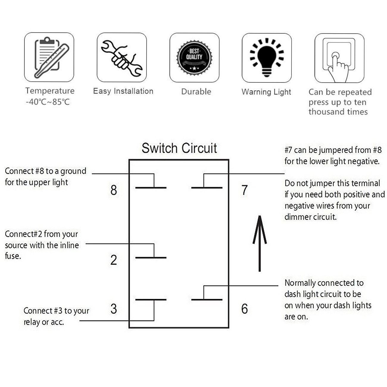 RCRunning Laser Rocker Switch with Wire Set (5 Female Terminal and 3 Male Terminal),5Pin 20A 12V On-Off LED Light Toggle Switch,for UTV Car Auto Truck Boat Marine