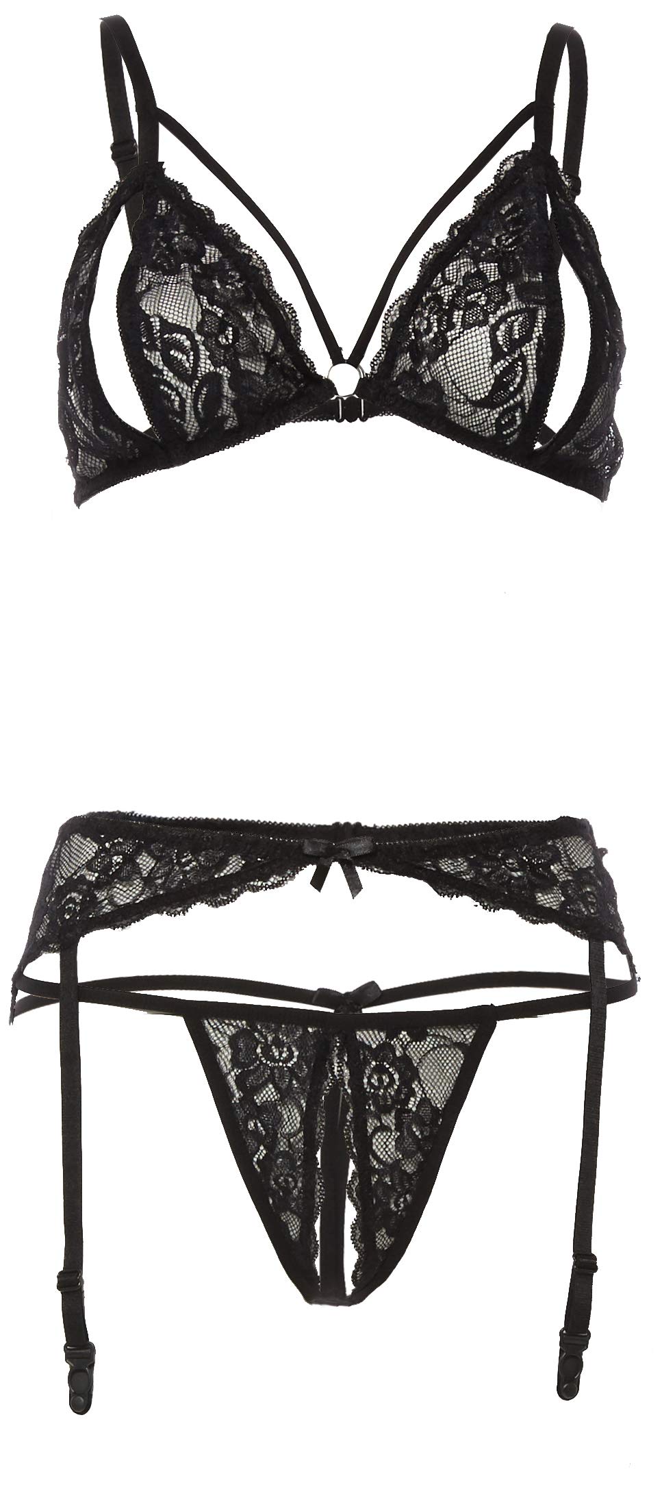 Cottelli Collection Lingerie 3 Pieces Garter Set with Open Cup/Open Crotch 100 g Black (Negro 001) 12 (Manufacturer Size: Large)