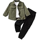 HINTINA Toddler Little Boy Corduroy Button Down Jacket T-shirt Cargo Pant 3 Pieces Outfits Set