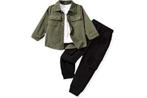 HINTINA Toddler Little Boy Corduroy Button Down Jacket T-shirt Cargo Pant 3 Pieces Outfits Set
