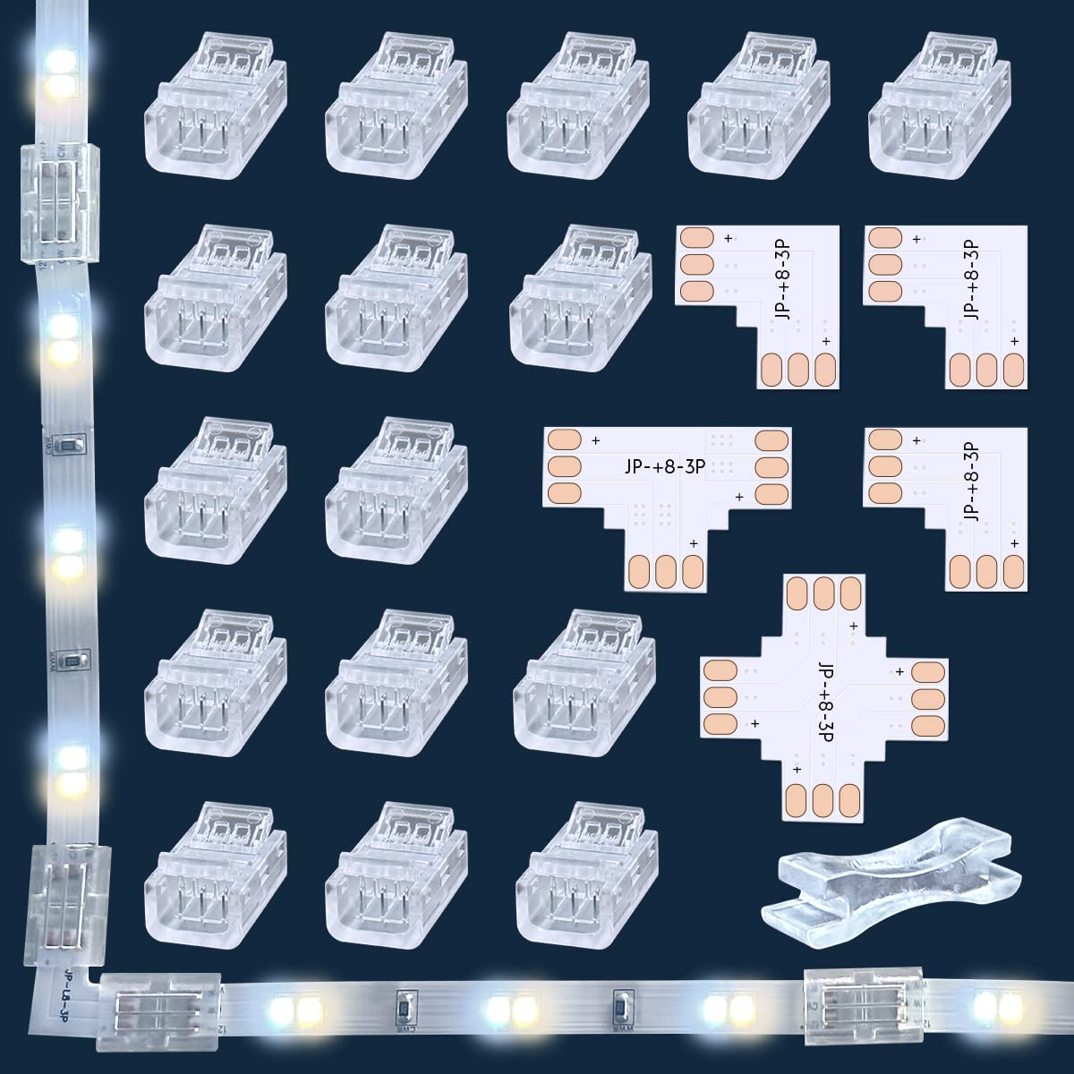Wefomey LED Strip Connectors, Transparent Cuttable X, T and L Shape 3-Pin LED Corner Connectors for 8mm Wide Waterproof or Non-Waterproof SMD 3528/2835 LED Strip Gapless Solderless Connector