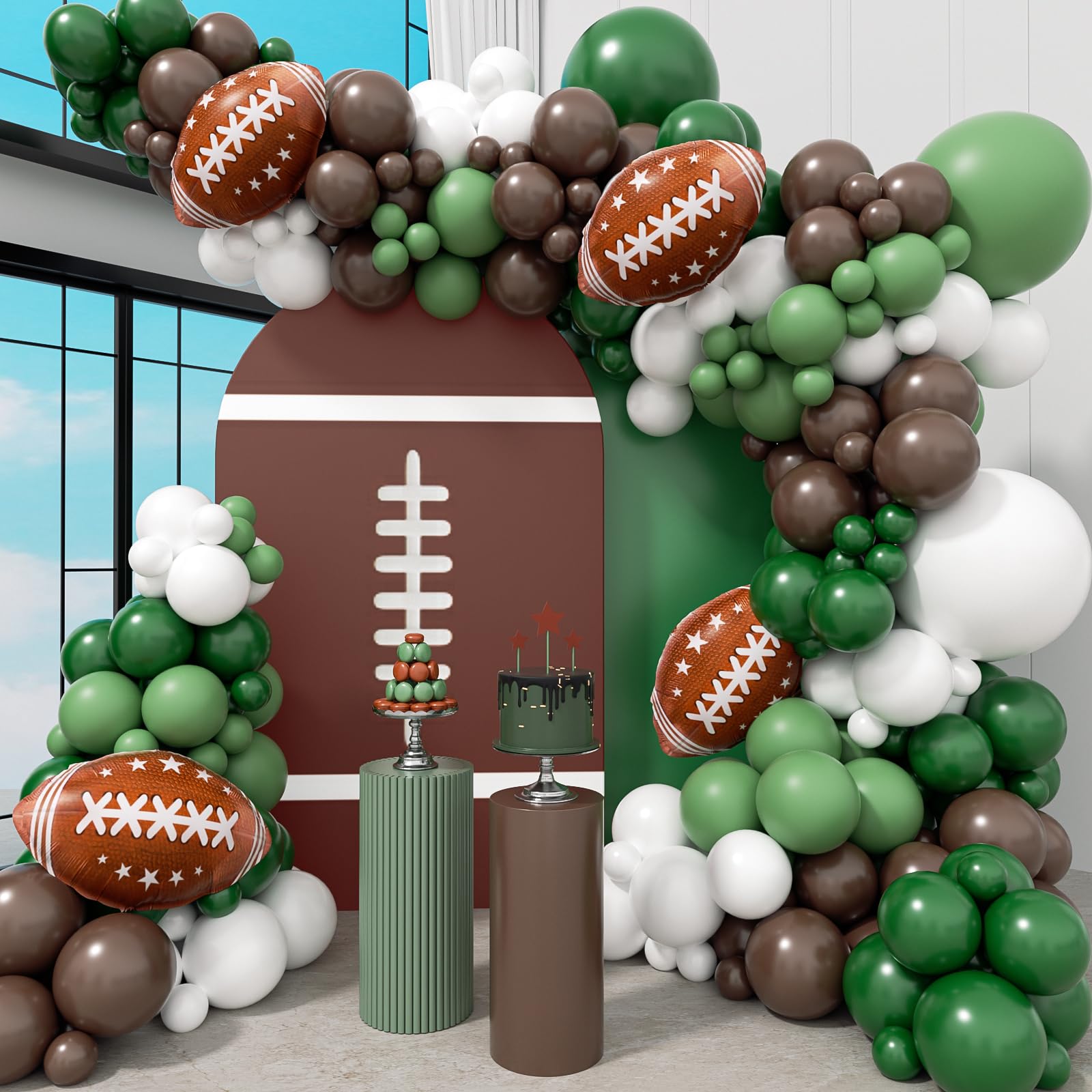 Photo 1 of 125pcs Football Balloon Arch Kit with Green Brown White Football Foil Balloons for Baby Shower Gender Reveal Birthday Party Decorations