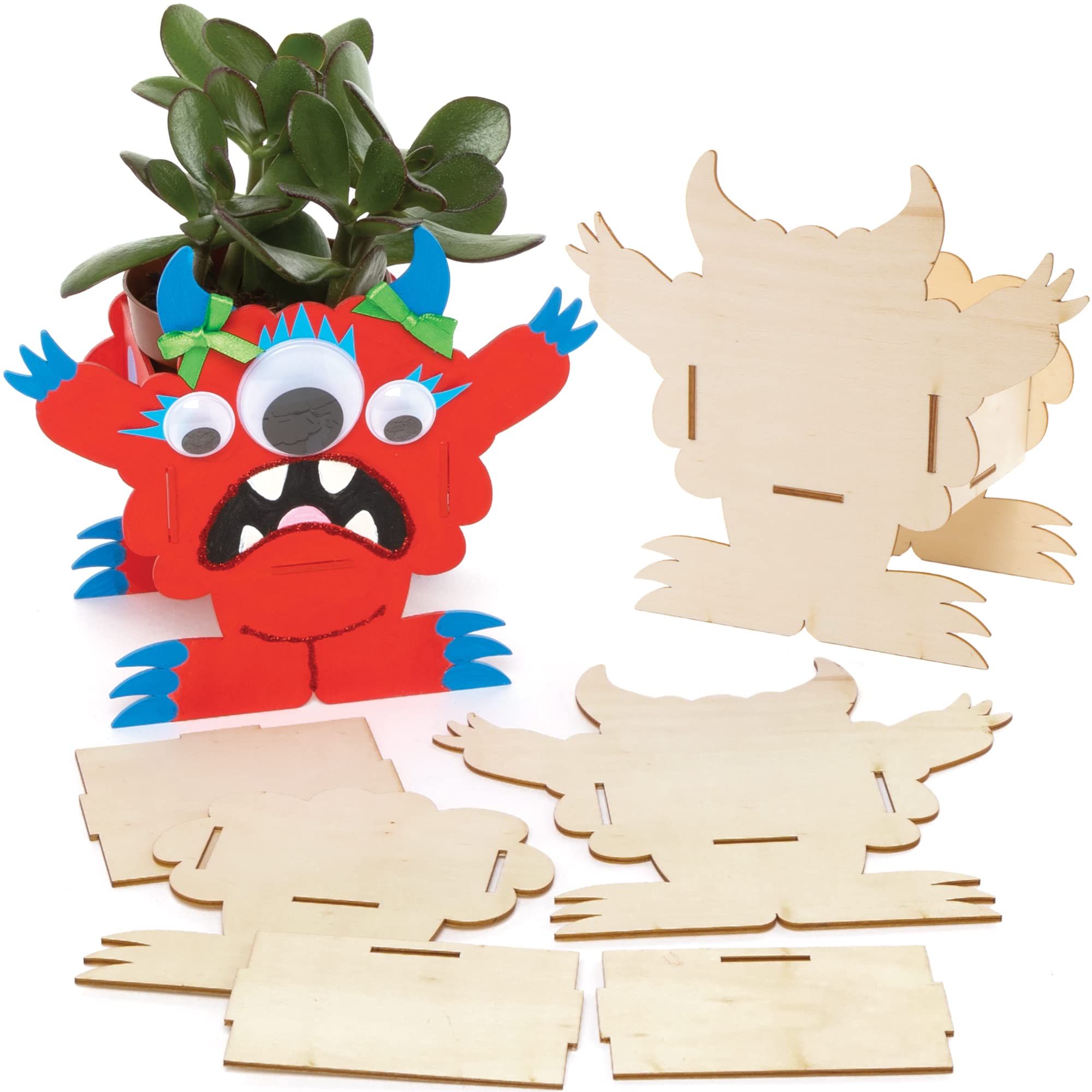 Baker Ross FE669 Monster Bunch Wooden Flowerpot Craft Kits - Pack of 3, Make Your Own Flower Pot, Planting Pots for Children to Decorate, Creative Halloween Activities for Kids