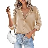 HOTOUCH Women Satin Silk Button Down Shirt Ladies Long Sleeve Tops V Neck Loose Blouse Dressy Business Casual Work Tunic Fall