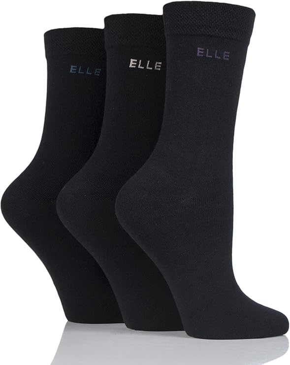 Ladies 3 Pair Elle Cotton Plain Sock With Gentle Grip Black Amazon.co
