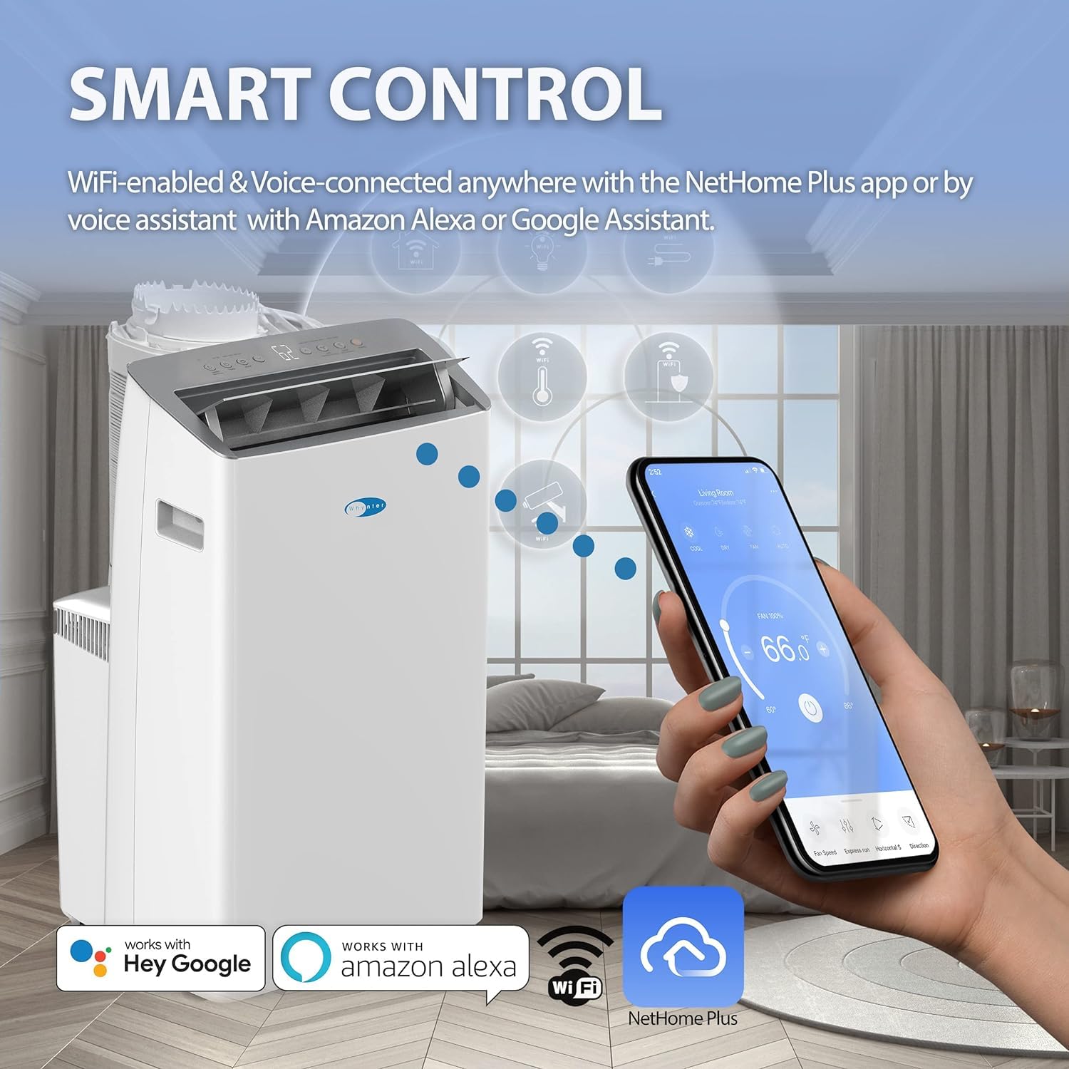 Whynter Inverter Portable Air Conditioner 12,000 BTU with Dual Hoses, Dehumidifier, Cooling Fan & Smart Wi-Fi for 500 Sq Ft Rooms, NEX ARC-1030WN (10,000 SACC), White