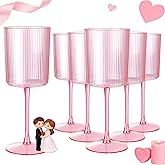Ciaell 12 PCS Pink Plastic Ribbed Wine Glasses - 10 OZ Plastic Square Wine Glasses with Stem - Disposable Champagne Cups for Parties & Weddings & Valentine's Day