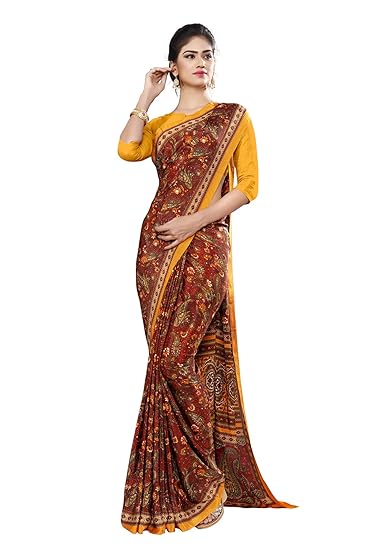 Uniform Sarees Corp Womens Paisley Print Italian Crepe Office Uniform Saree With Blouse (Maroon;Gold)