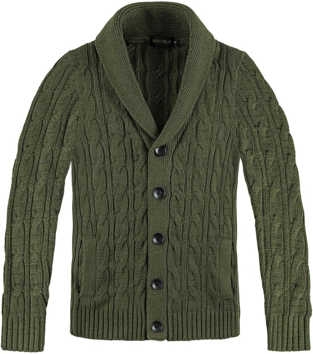 BOTVELA Men's Cable Knit Shawl Collar Casual Cardigan Sweater with Buttons and Pockets (Small 