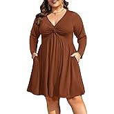 Manllenshie Womens Plus Size Dress Roll up Long Sleeve Casual Deep V Neck Twist Knot Front Flowy Dresses with 2 Pockets