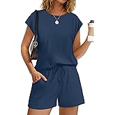 WIHOLL Two Piece Sets for Women Summer Crew Neck Lounge Short Sets Cap Sleeve Drawstring Sweatsuit with Pocket