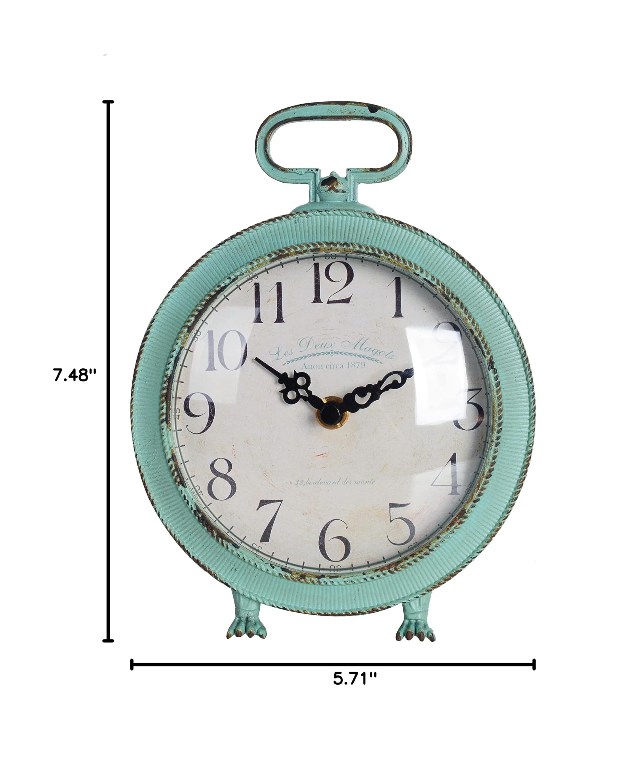 NIKKY HOME Table Clock Vintage Metal Round Desk Clock with Handle and Dragon Feet Stand for Home Living Room Bedroom Decor 5.6'' by 2.2'' by 7.5'', Distressed Aqua Blue