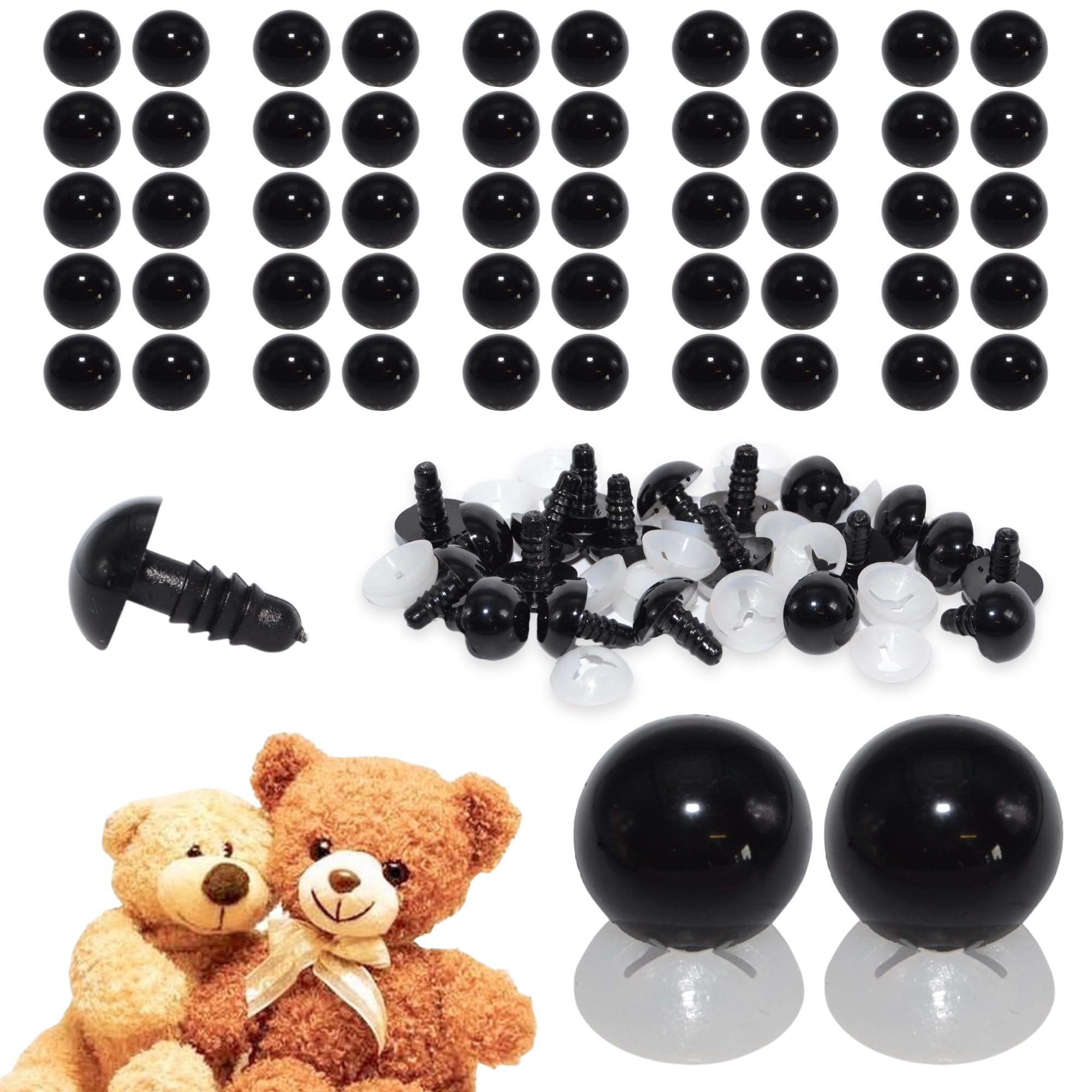 celloexpress 15mm Solid Black Eyes with Plastic Backs - Safety Eyes for Soft Toy or Teddy Bear Making - Pack of 25 Pairs