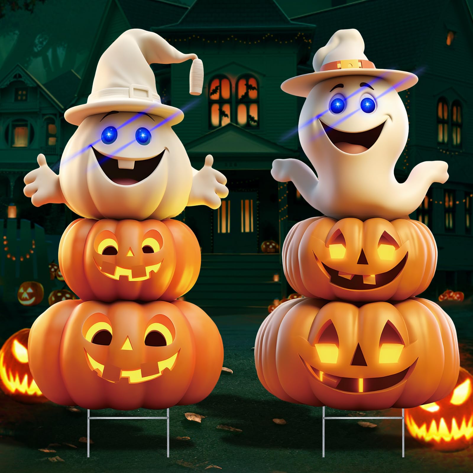 Photo 1 of 2Pcs 4.0FT Ghost Halloween Decorations Plastic Yard Signs with Stakes,Spooky Halloween Pumpkin Decorations Outdoor, Scary Silhouette Glow in Dark Eyes for Outdoor Yard Lawn Garden