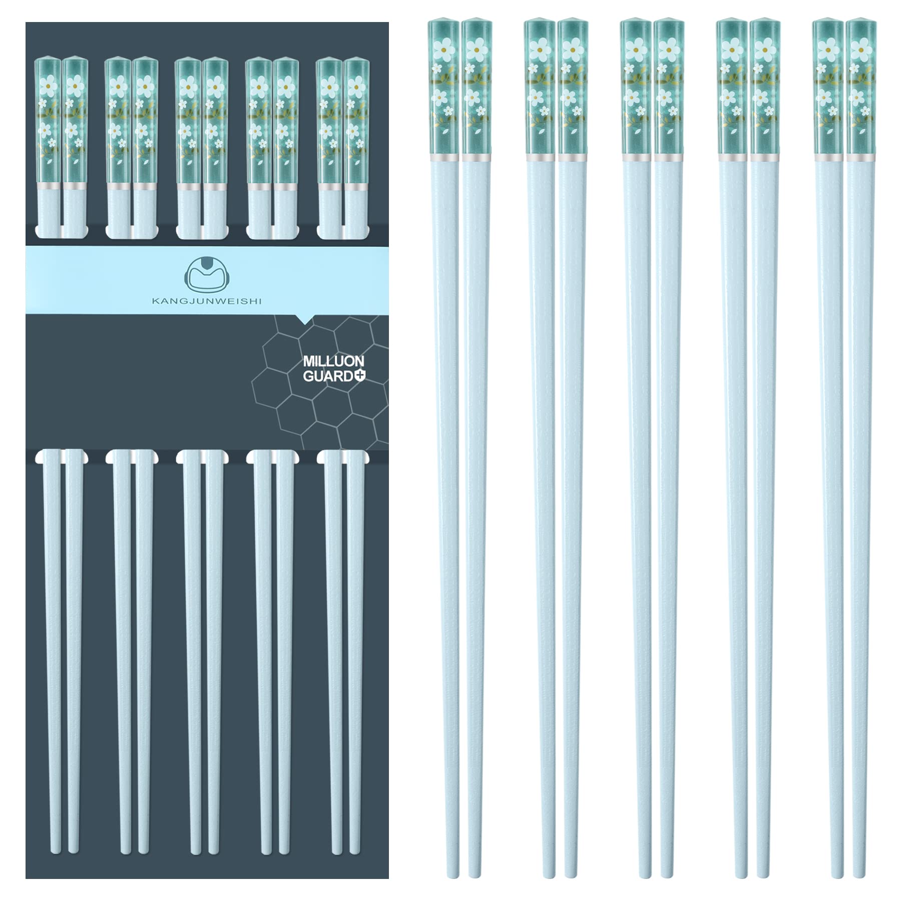 Slivek 5 Pairs Fiberglass Chopsticks, Reusable Premium Japanese Chinese Korean Chopsticks Dishwasher Safe, Non-slip, Lightweight, Blue-Clear Sakura, 9.5