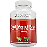 Purely Holistic Red Yeast Rice 1200mg with CoQ10 & Flush Free Niacin 60 Vegetarian Capsules - Non Irradiated, Citrinin Free