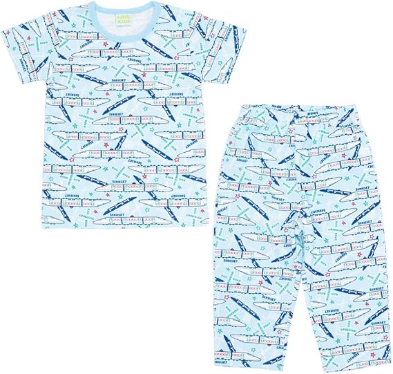 Amazon キッズ パジャマ 半袖パジャマ 7分丈パンツ 上下セット 子供用 捲れ防止ボタン付き 男の子 新幹線e７系90ブルー パジャマ 通販