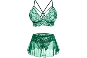 CRIPOM Sexy Lingerie for Women Naughty 3 Piece Lace Bralette, Mini Skirt with G-String Crotchless Lingerie Outfits
