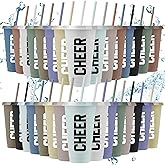 Lallisa 30 Pcs Cheer Cups Gifts Bulk for Team 24 oz Reusable Cheer Plastic Cups with Lids and Straws Thank You Cheerleading Gifts for Men Women(Dark Color)