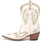 Emfnzd Women's Embroidered Cowgirl Boots Calf Thick Heels Pointed Head Country Music Festival Vintage Western Metal Cowboy Ankle Boot