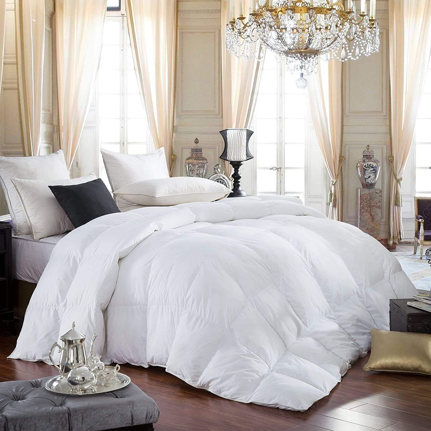 Egyptian Bedding 600-Thread-Count Egyptian Cotton Siberian Goose Down Comforter, 750 Fill Power, Baffle Box Design - Solid White (Queen Size): Home & Kitchen