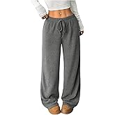 OYOANGLE Women's Ribbed Lounge Trousers Knit Comfy Drawstring Waist Straight Leg Pants