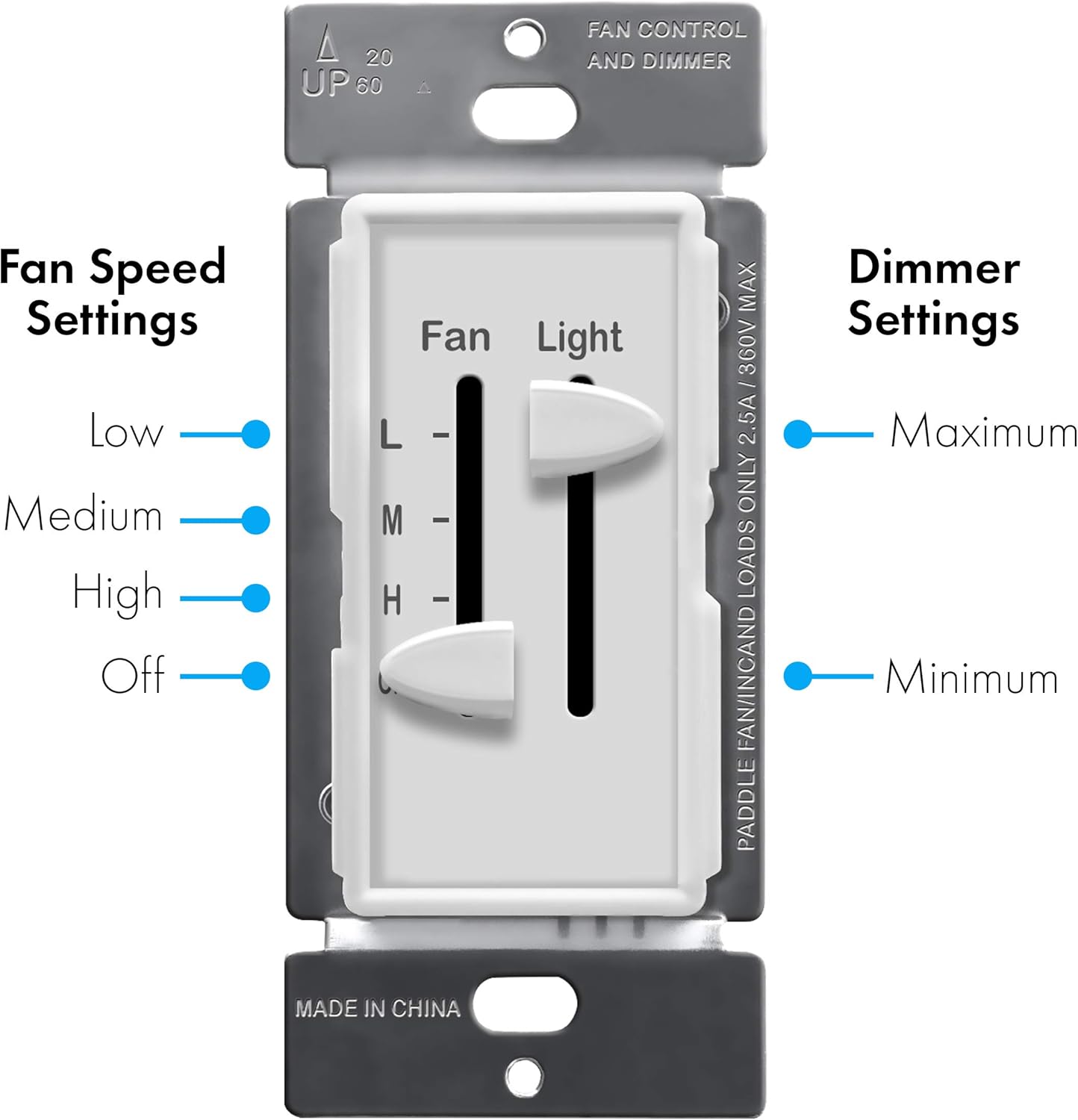 ENERLITES 3 Speed Ceiling Fan Control and LED Dimmer Light Switch, 2.5A Single Pole Light Fan Switch, 300W Incandescent Load, No Neutral Wire Required, 17001-F3-W, White - - 