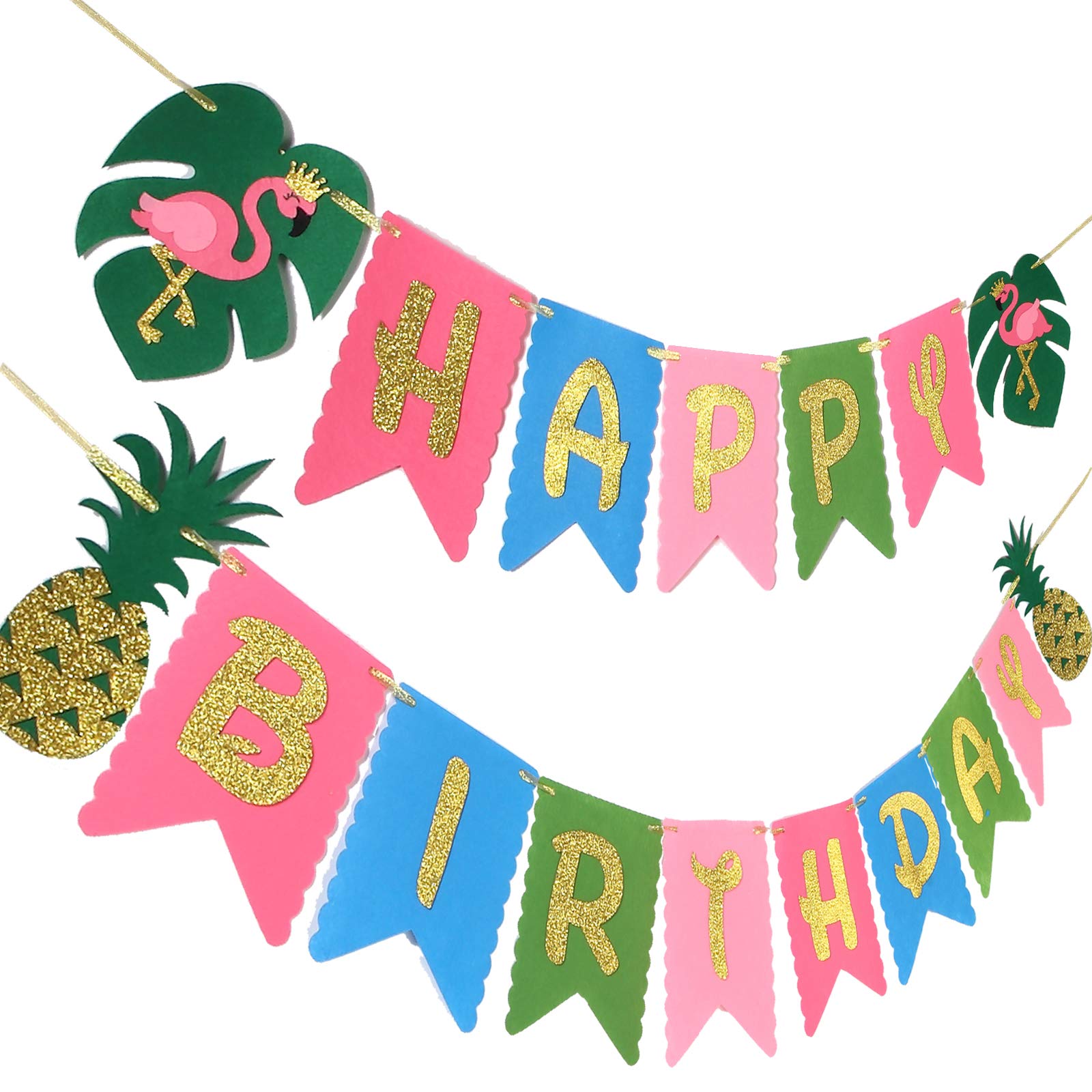 Photo 1 of Hawaiian Birthday Party Decoration for Luau Summer Pool Glitter Gold Birthday Banner for Aloha Party Coconut Palm and Beach Happy Birthday Banner Photography Props
