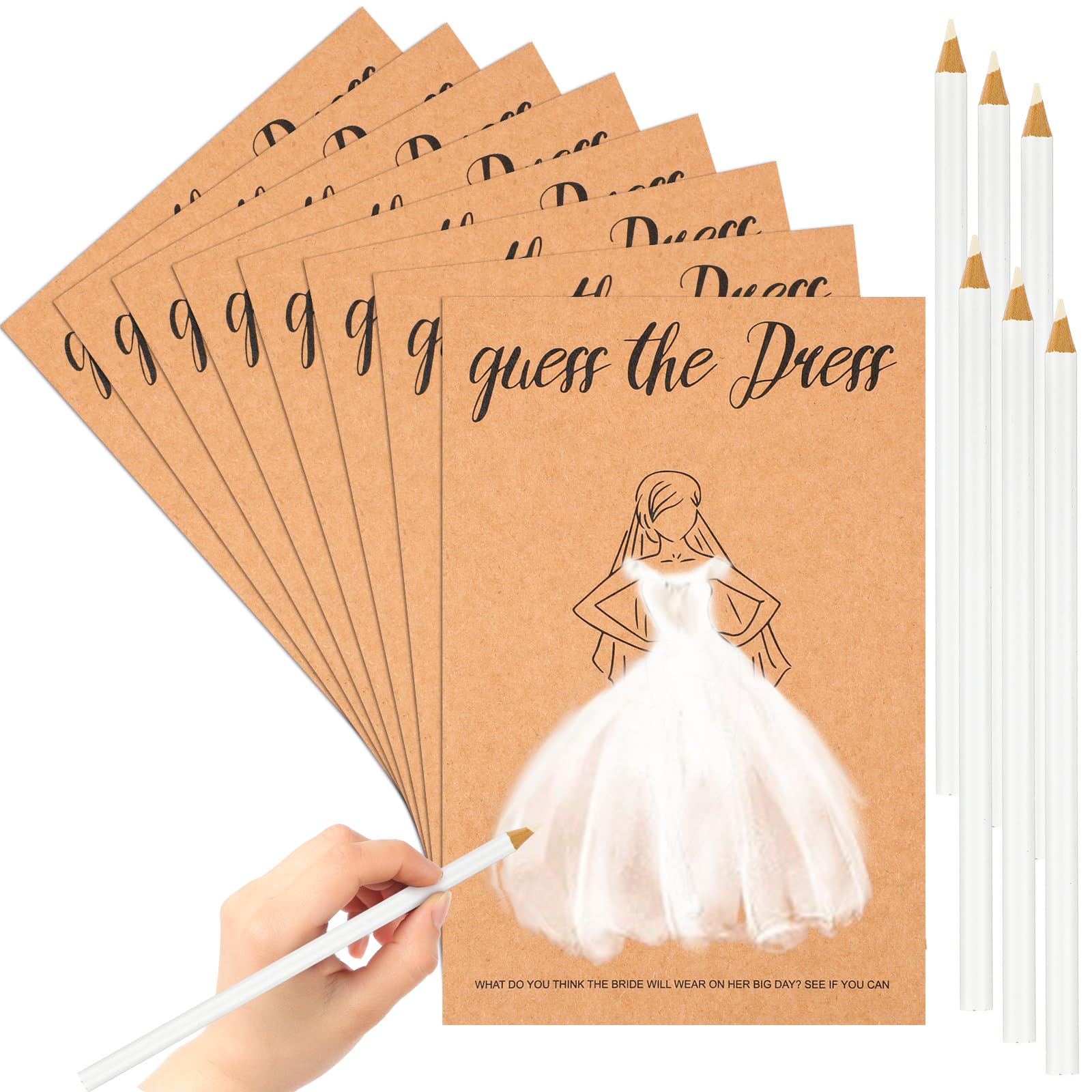 Photo 1 of Tenceur 50 Sets Guess the Dress Bridal Shower Games Include 50 Guess the Dress Card Bridal Shower Game Wedding Shower Games and 50 White Sketching Pencils for Bridal Shower Wedding Party Favors